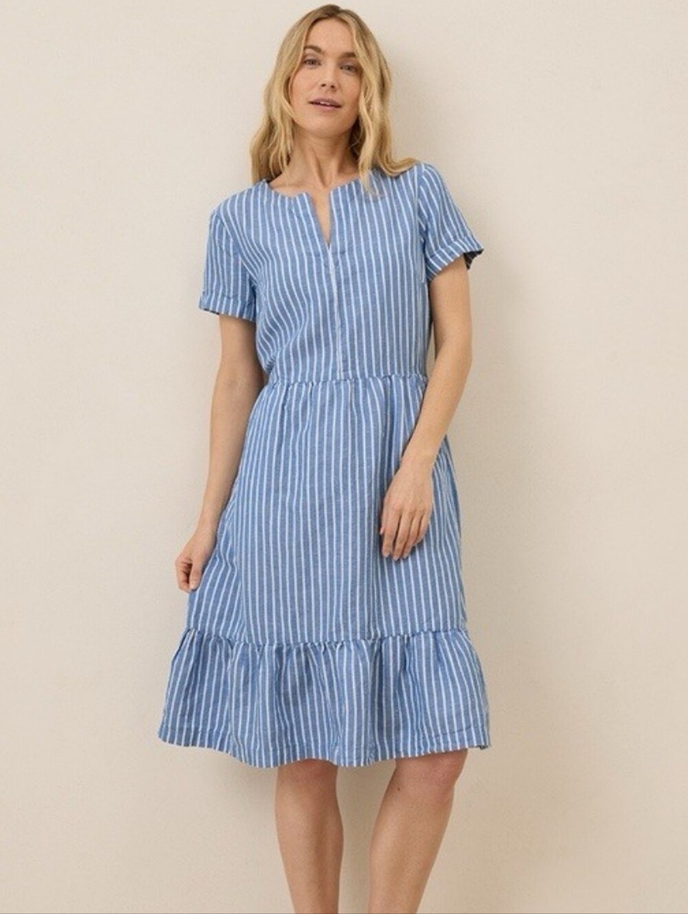 Pact Canopy Linen Blue and White Striped Casual Button-Down Dress